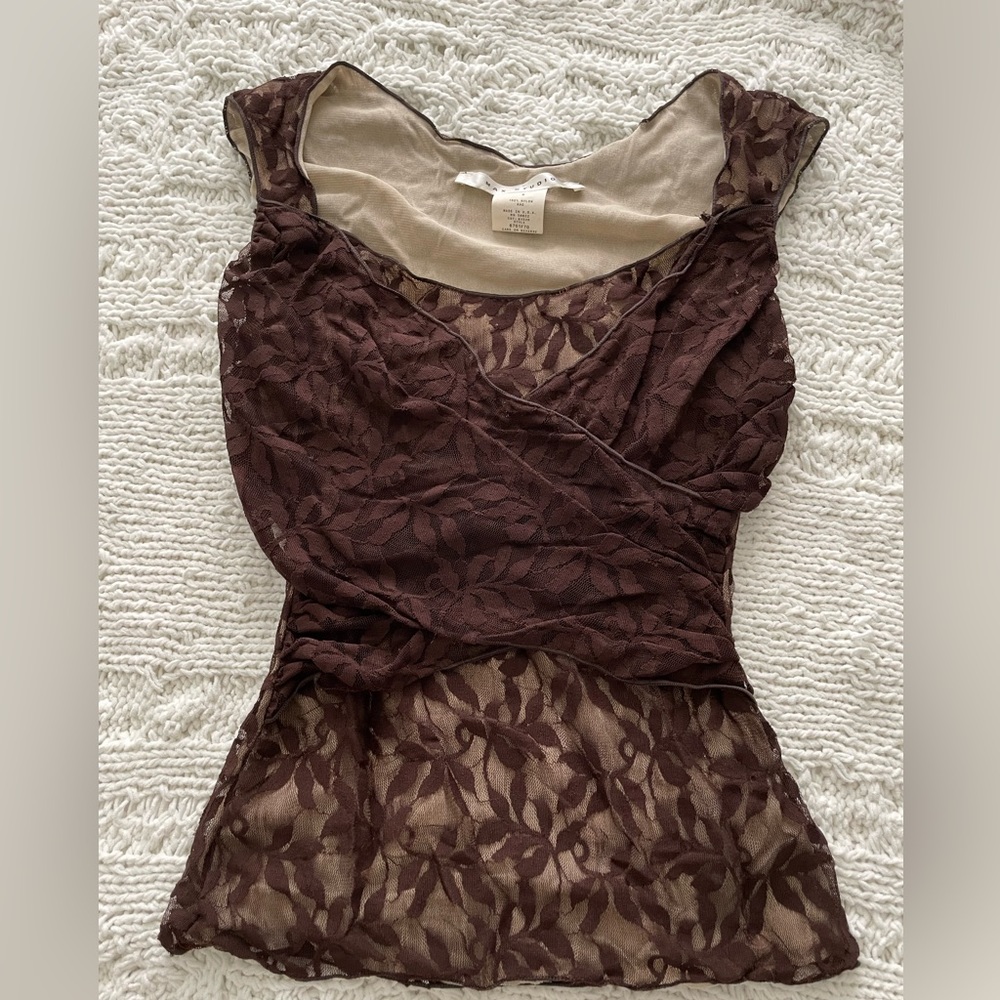 Brown and cream mesh lace top
